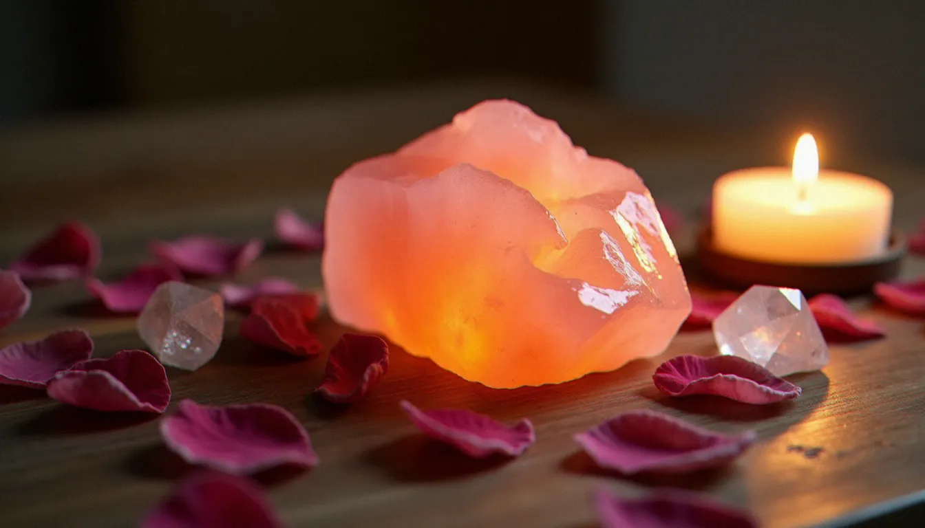 Bloc de sel rose de l'Himalaya posé sur un autel de méditation avec pétales de roses séchées et bougie, évoquant la dimension spirituelle de ce minéral