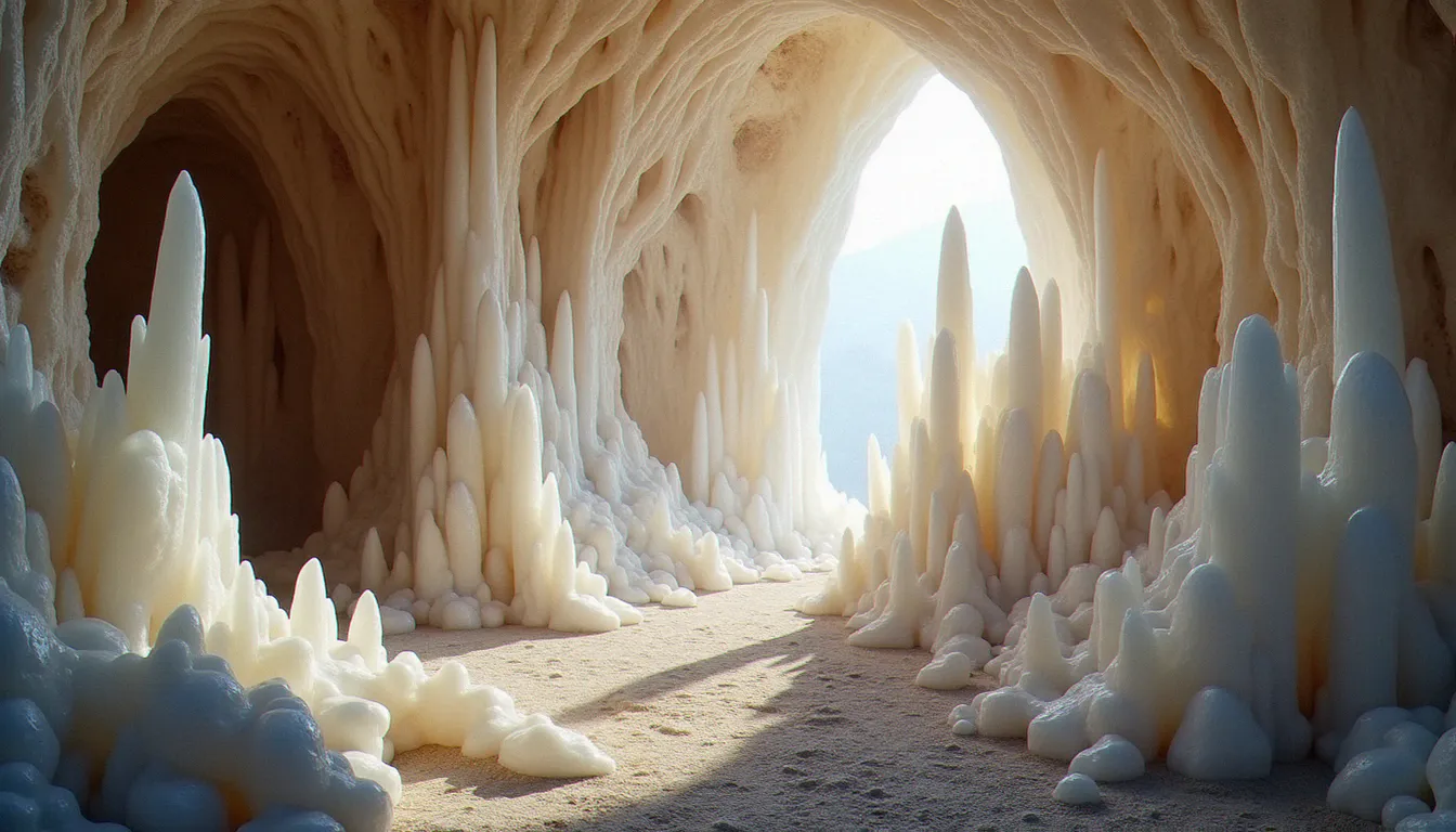Immenses cristaux de sélénite géants dans une grotte souterraine, colonnes translucides blanches éclairées par la lumière artificielle