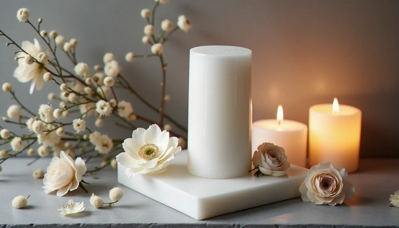 Composition décorative avec pilier de sélénite blanche entouré d'anémones fraîches, branches d'eucalyptus et roses ivoire sur surface en pierre grise