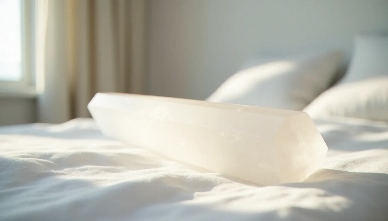 Grande baguette de sélénite translucide blanche posée sur lin blanc, éclairée par la lumière naturelle d'une fenêtre
