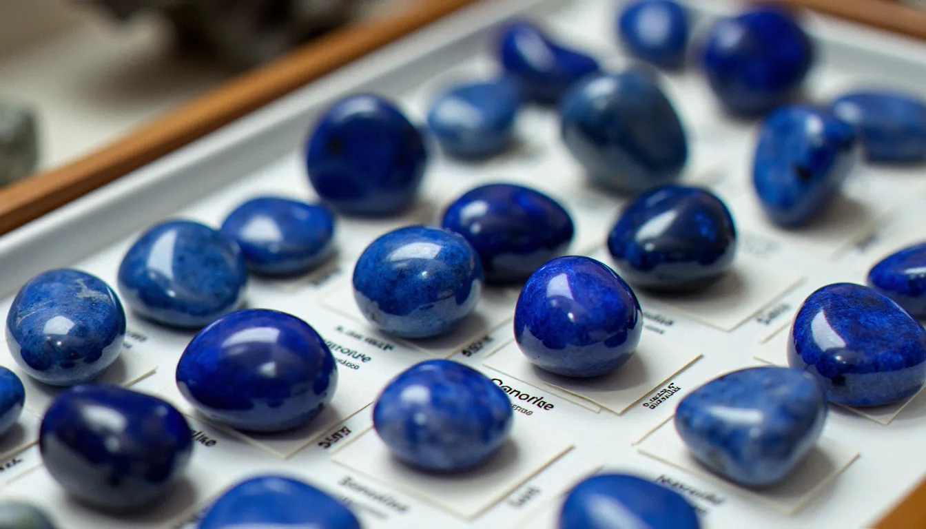 Galets de sodalite polis de différentes origines (Brésil, Canada) présentés sur plateau minéralogique blanc en lumière naturelle