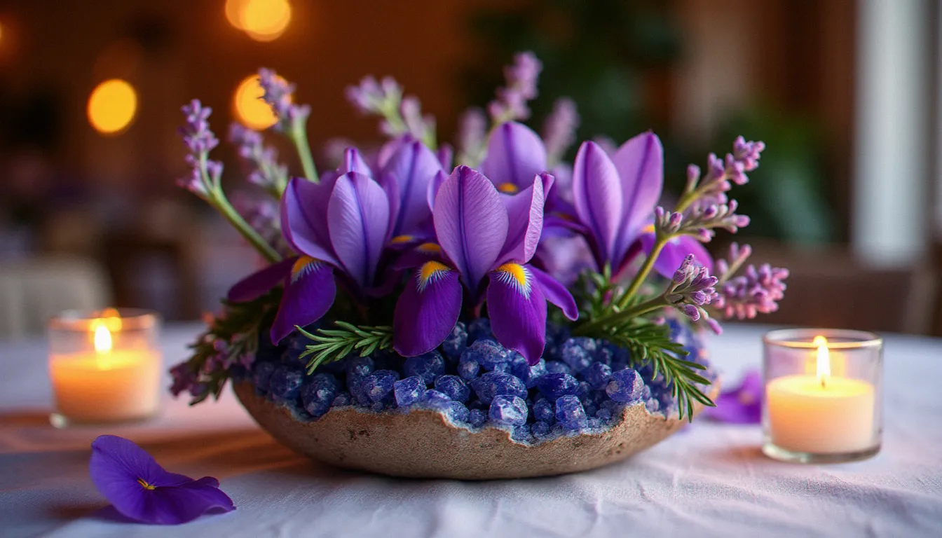 Centre de table mariage avec iris violet foncé, renoncules lavande et clusters de sodalite brute sur nappe en lin, éclairage bougies