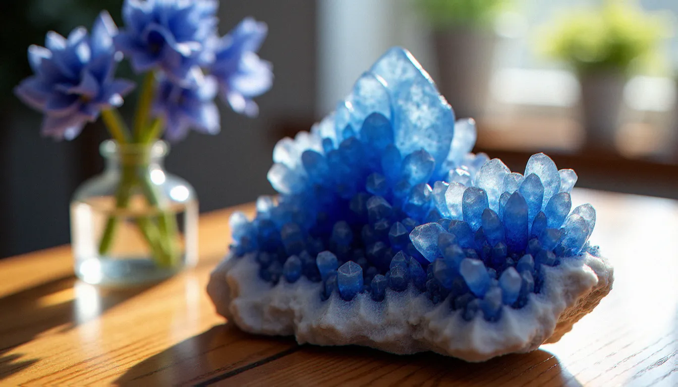 Cluster de sodalite brute bleue et blanche posé sur bois naturel à côté d'un vase de delphiniums séchés