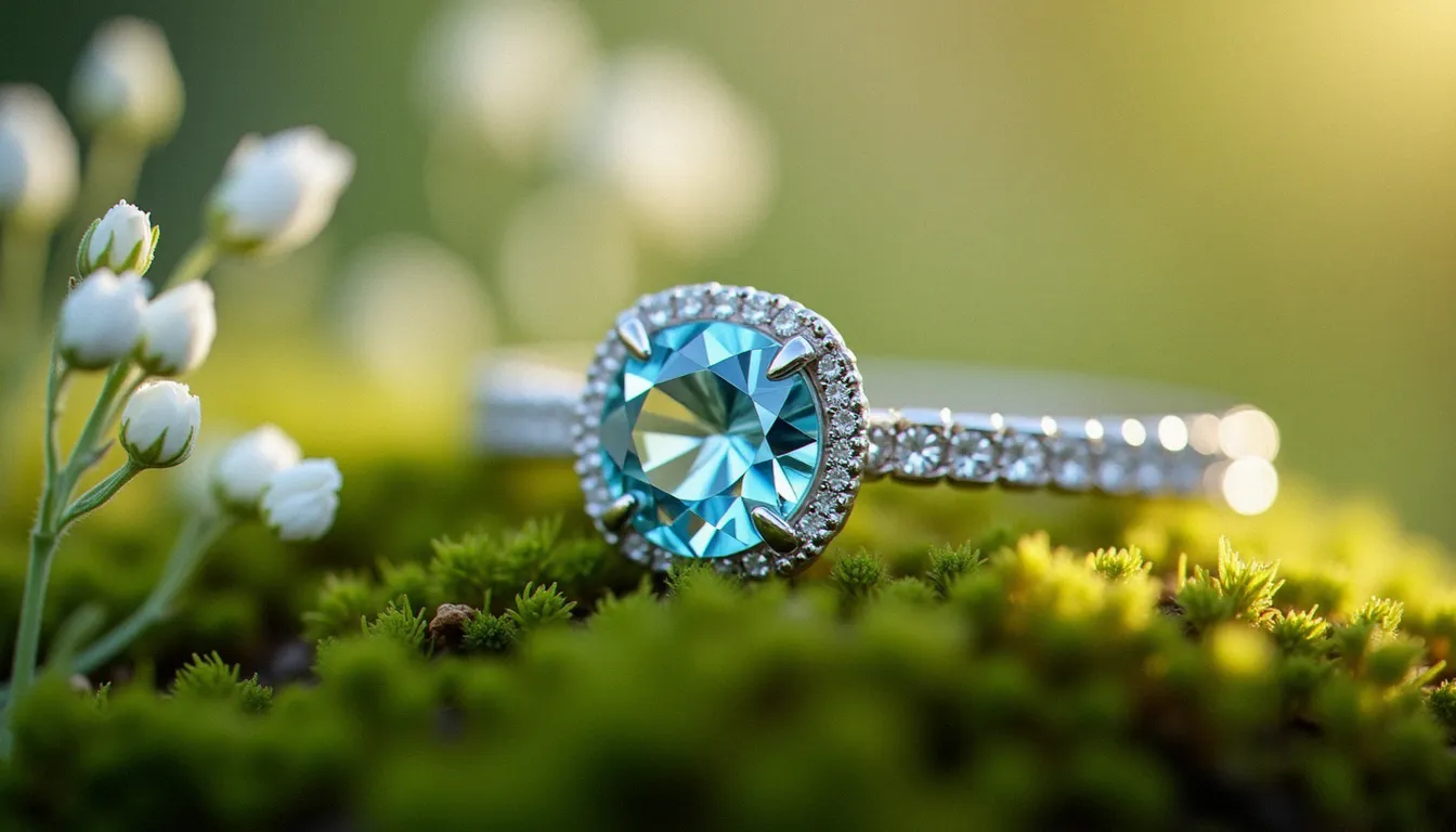 Bracelet aigue marine en argent posé sur un lit de mousse verte et de petites fleurs sauvages blanches, lumière naturelle
