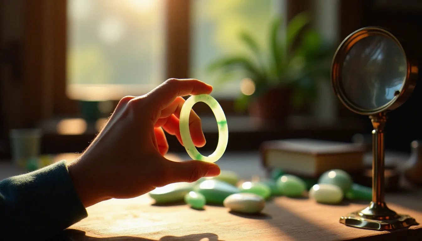 Gemmologue examinant la translucidité d'un bracelet jade à la loupe en lumière naturelle dans un atelier