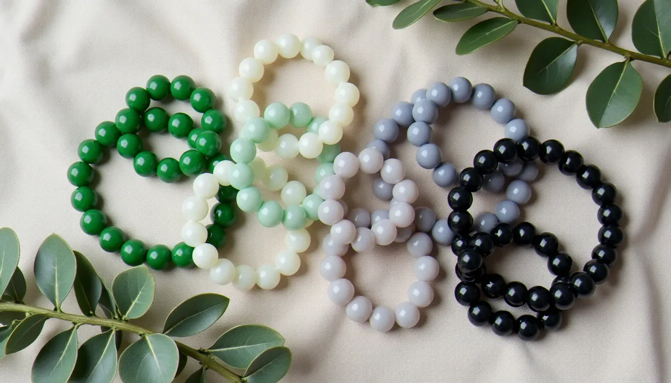 Collection de bracelets jade en différentes couleurs — vert impérial, blanc, lavande et noir — disposés sur lin avec de l'eucalyptus