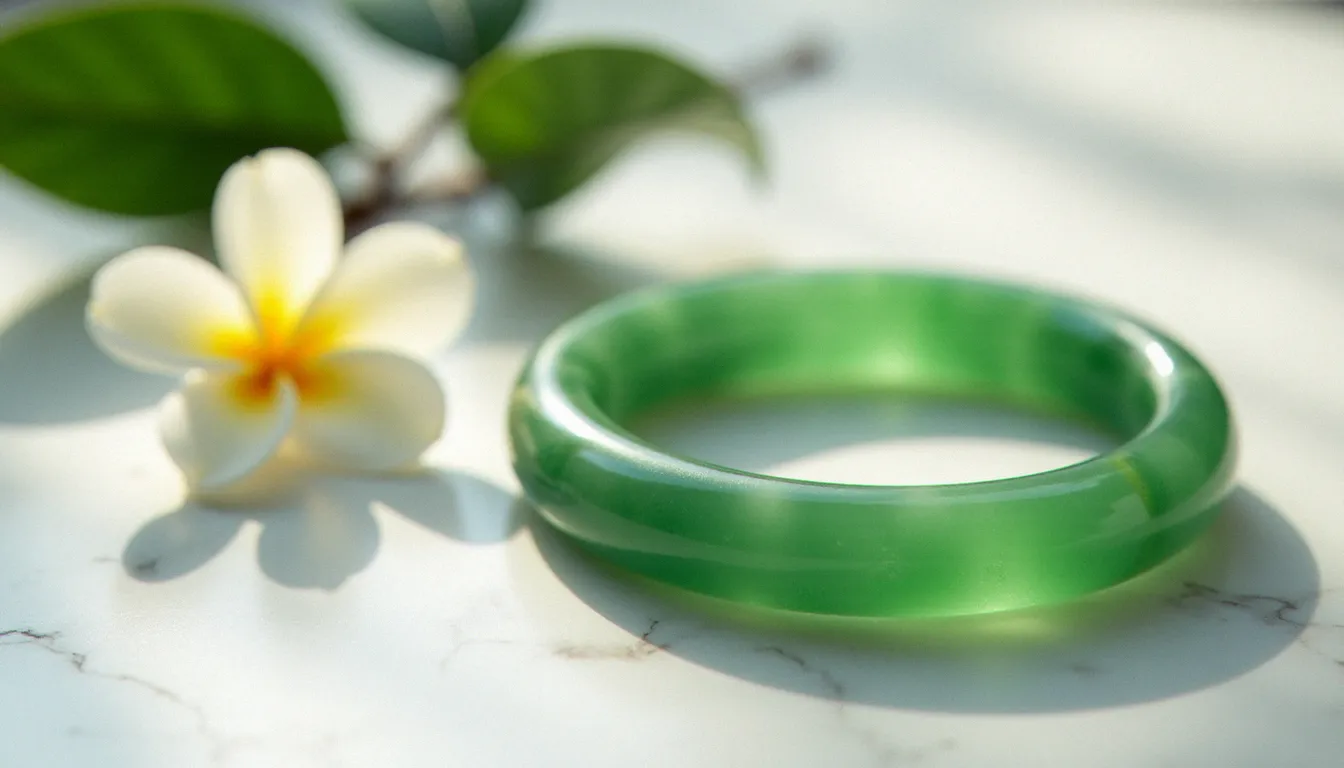 Bracelet jade vert authentique en jonc bangle posé sur marbre blanc entouré de feuilles et d'une gardénia blanche