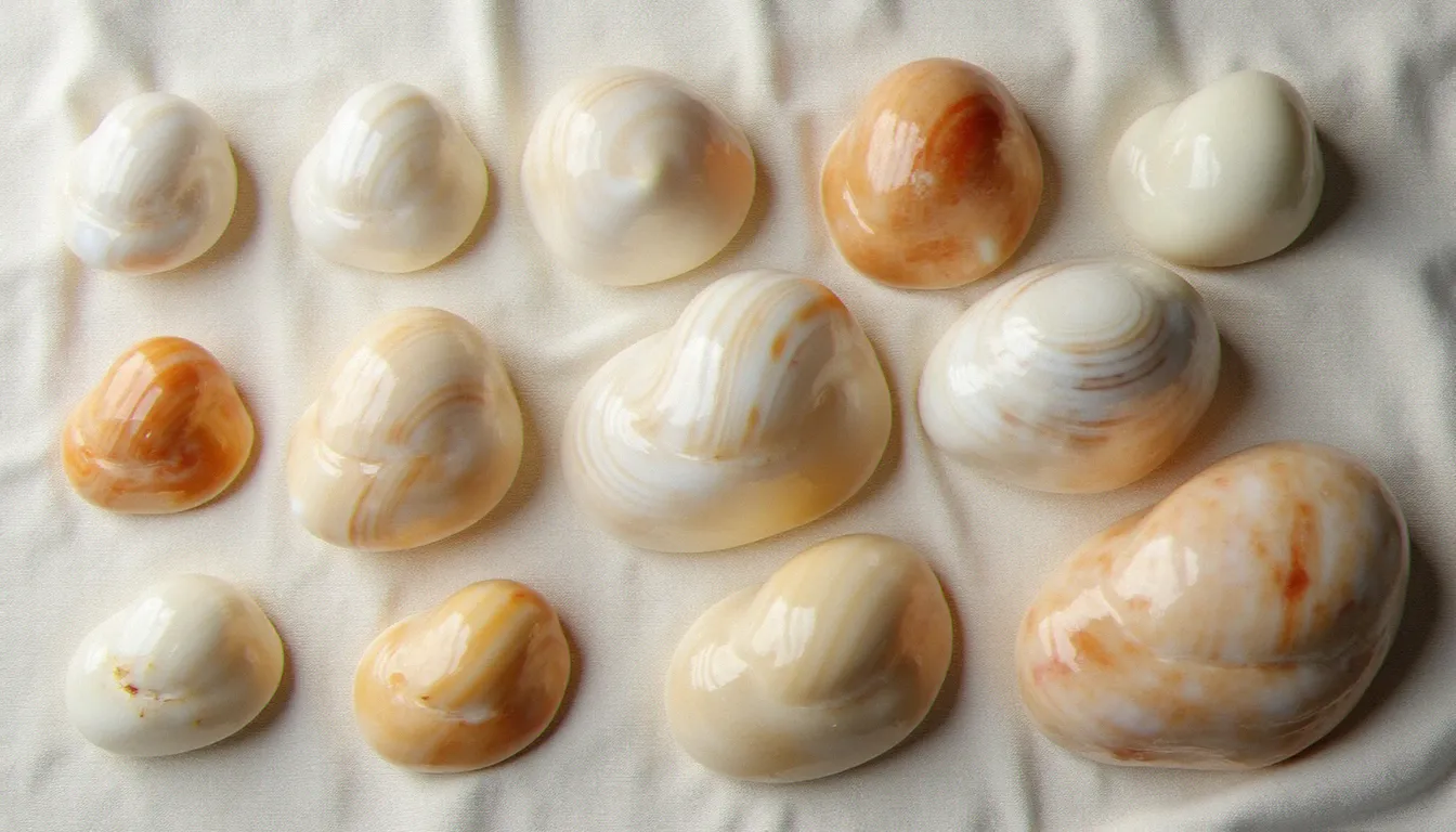 Plusieurs coquilles d'ormeau de tailles et espèces différentes disposées sur un tissu en lin naturel, montrant la diversité de leurs formes et coloris nacrés