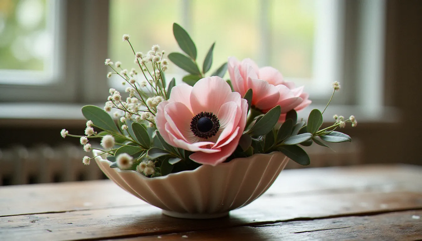 Composition florale dans une coquille d'ormeau utilisée comme vase naturel, avec des anémones roses, de l'eucalyptus argenté et de la gypsophile blanche, sur une table en bois