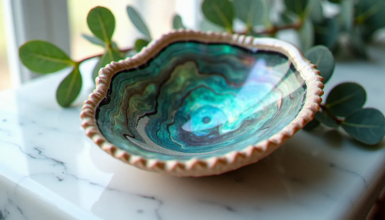 Coquille d'ormeau posée sur un marbre blanc aux reflets nacrés bleu-vert-violet, accompagnée de feuilles d'eucalyptus séchées