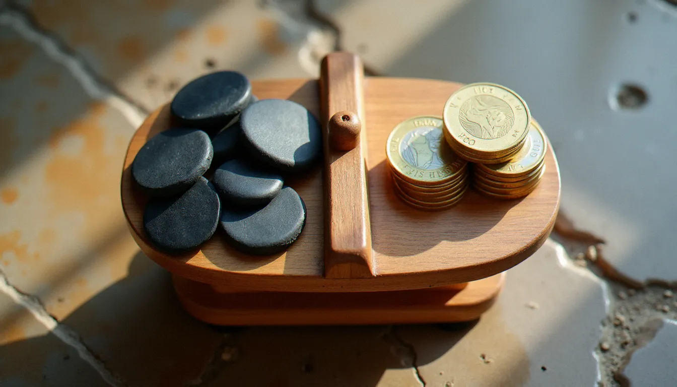 Balance en bois pesant des galets plats en ardoise face à des pièces de monnaie, illustrant le calcul du prix au kilo