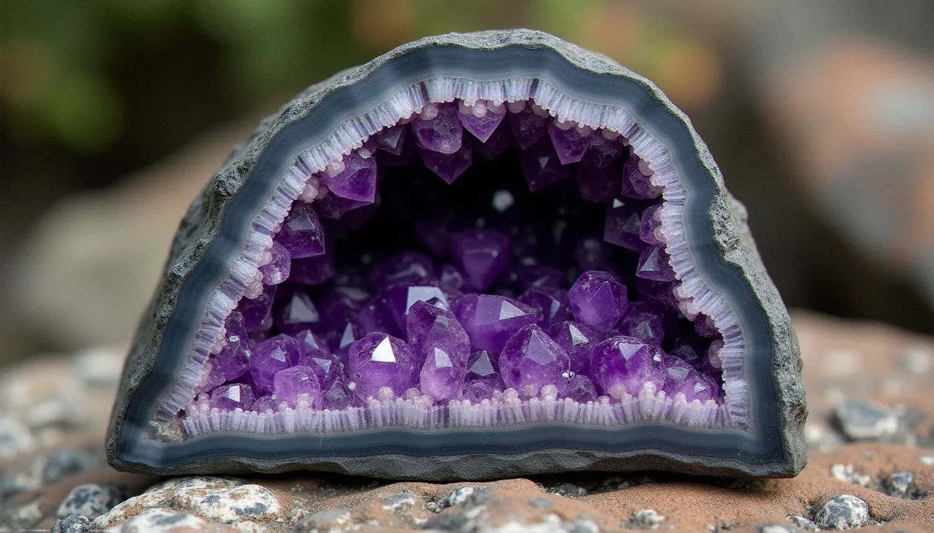 Coupe transversale d'une géode d'améthyste dans sa roche volcanique basaltique, montrant la progression des couches géologiques jusqu'aux cristaux violets intérieurs