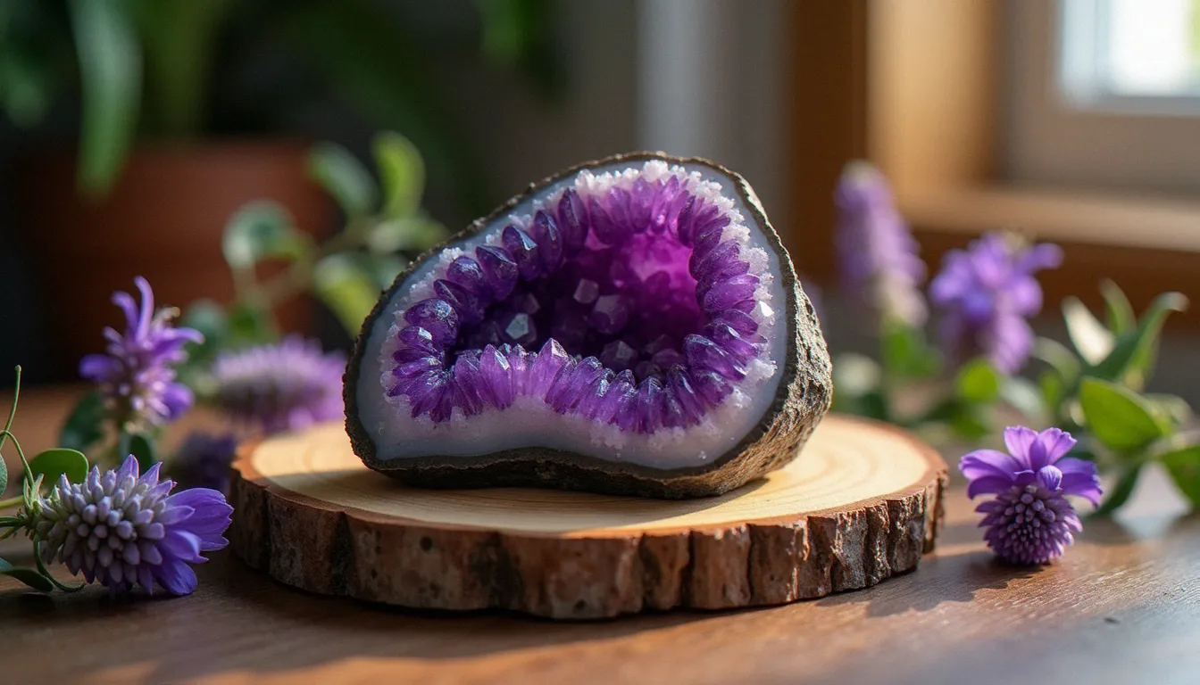 Géode d'améthyste posée sur une tranche de bois brut en décoration intérieure, entourée de fleurs séchées violettes et de branches d'eucalyptus