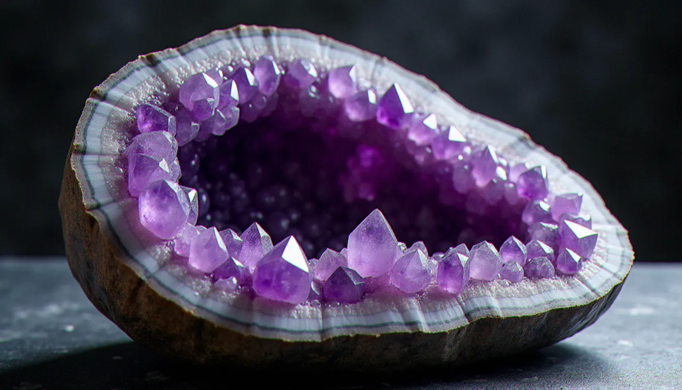 Géode d'améthyste ouverte révélant ses cristaux violets profonds sur fond ardoise, photographiée en lumière studio