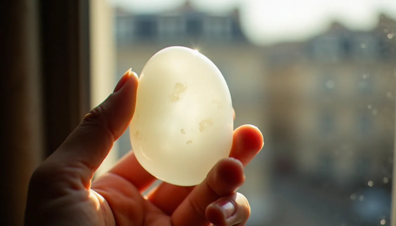 Main tenant une pierre de jade blanc néphrite translucide à contre-jour devant une fenêtre, révélant sa texture laiteuse caractéristique