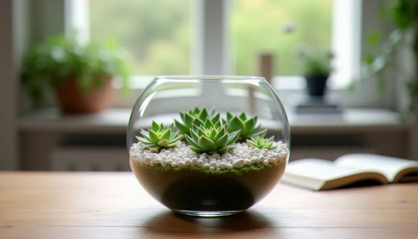 Terrarium en verre avec couches de galets de jade blanc et plantes succulentes Crassula ovata à fleurs blanches étoilées, posé sur une table en bois dans un intérieur lumineux