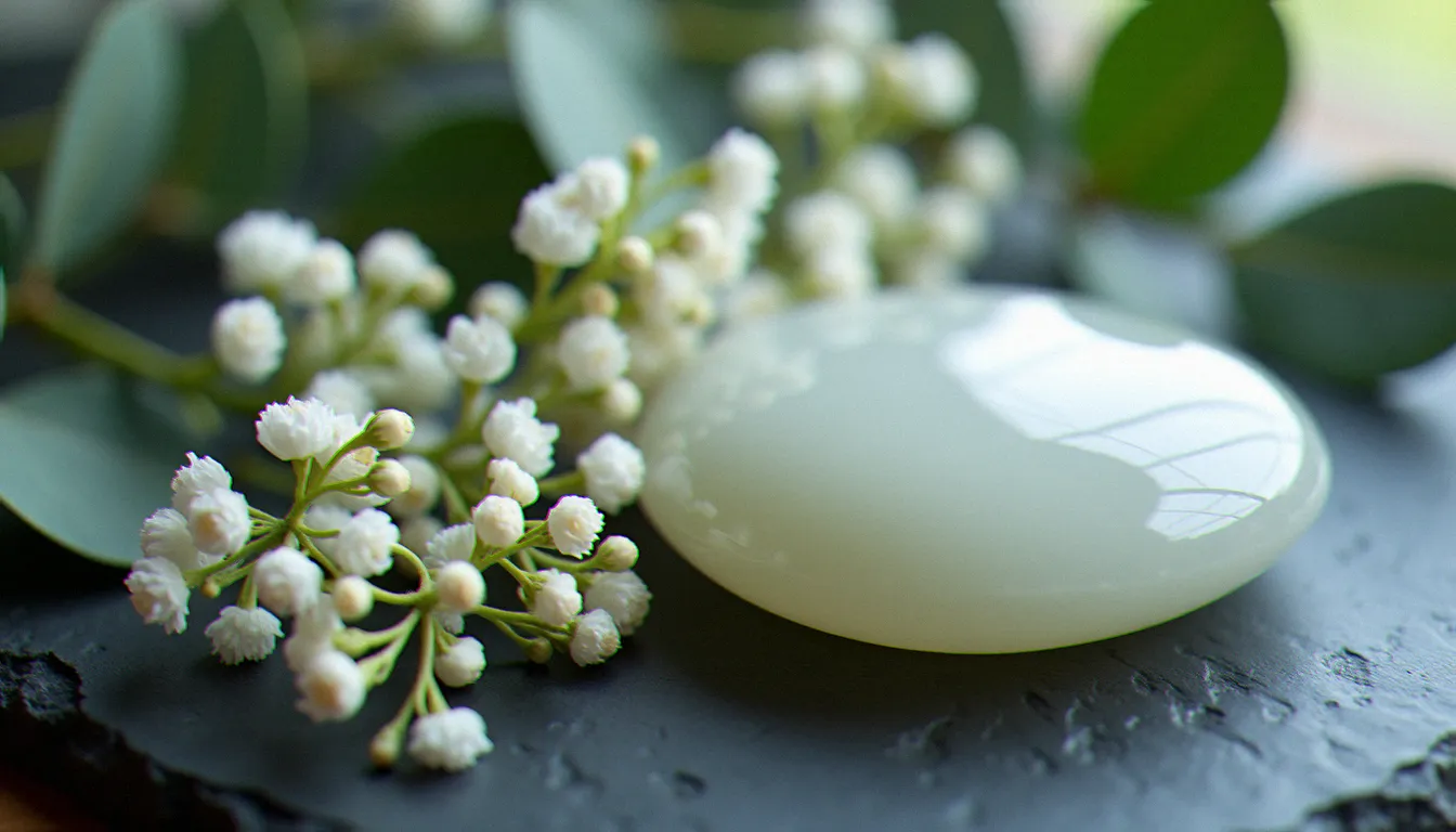 Pierre de jade blanc poli posée sur des fleurs de gypsophile séchées et des feuilles d'eucalyptus sur une surface en ardoise sombre