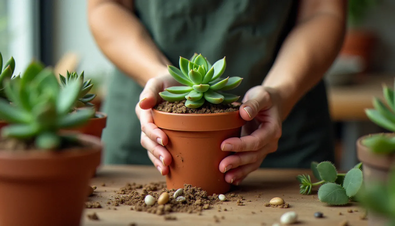 Fleuriste rempotant une plante de jade vert dans un substrat pour cactées, outils de jardinage et petits cailloux sur un établi en bois