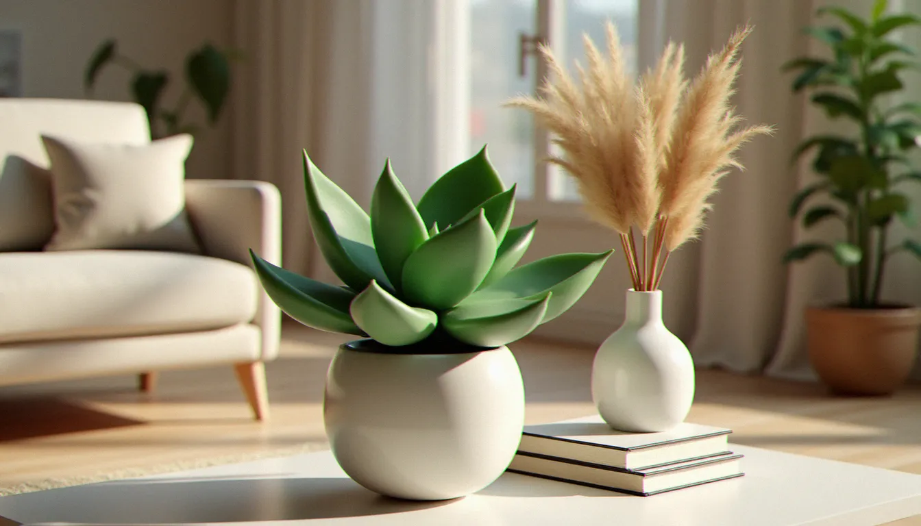 Composition décorative avec une plante jade vert comme pièce maîtresse dans un salon parisien minimaliste, lumière dorée de fin d'après-midi