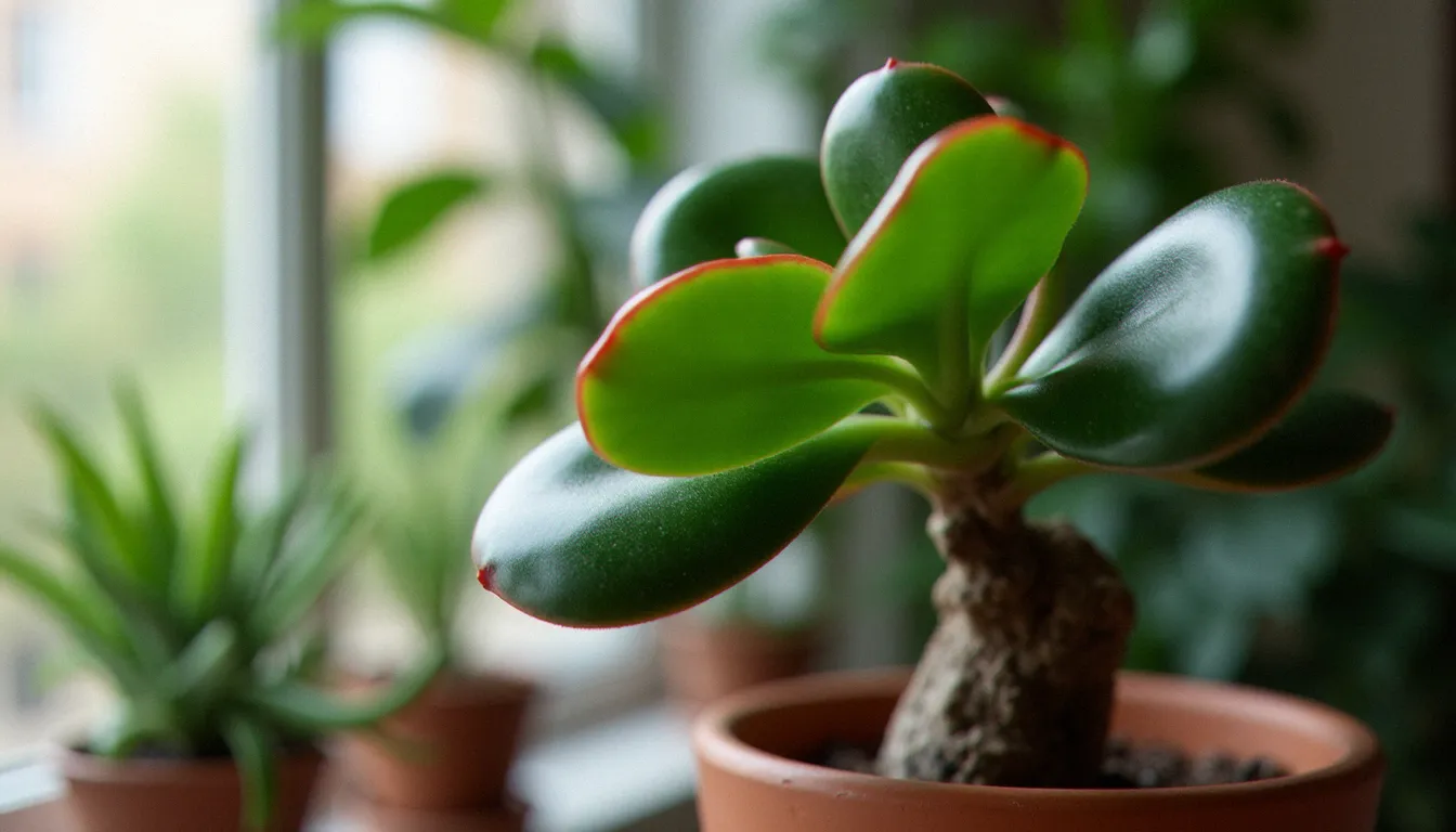 Plante de jade vert (Crassula ovata) aux feuilles épaisses et luisantes dans un pot en terre cuite, posée près d'une fenêtre lumineuse