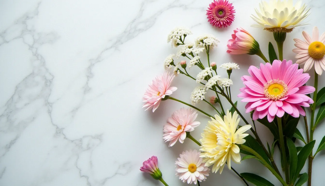 Composition à plat de plusieurs fleurs à œil céleste — scabieuse, convolvulus et géranium vivace — disposées sur marbre blanc en lumière naturelle douce