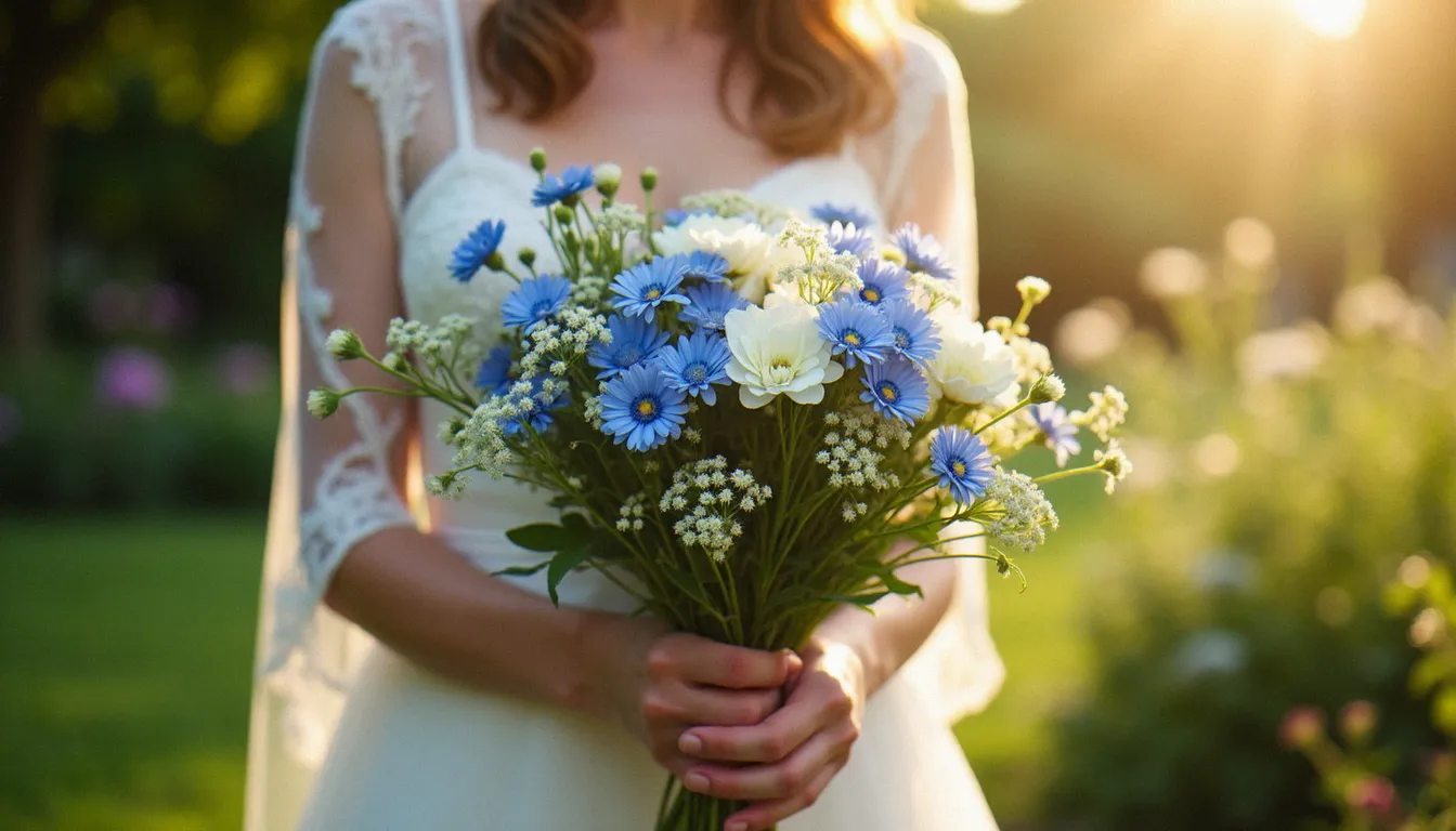 Bouquet de mariée champêtre composé de nemophila, scabieuse et nigelle aux yeux célestes bleutés, tenu dans un jardin parisien en lumière de fin d'après-midi