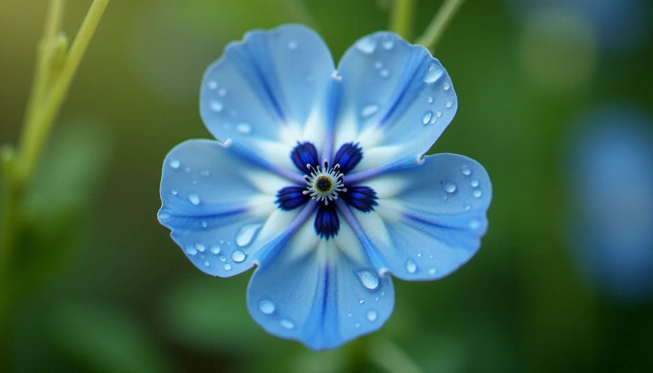 Gros plan d'une fleur de Nemophila menziesii présentant un œil céleste blanc au centre de ses pétales bleu azur, avec des gouttes de rosée matinale