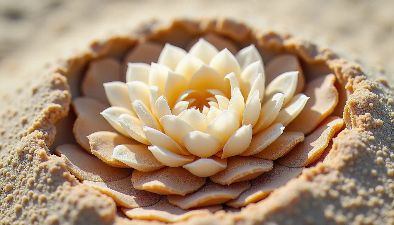 Vue en coupe d'une rose des sables en cours de formation dans un sédiment sableux, cristaux de gypse visibles entre les grains de sable