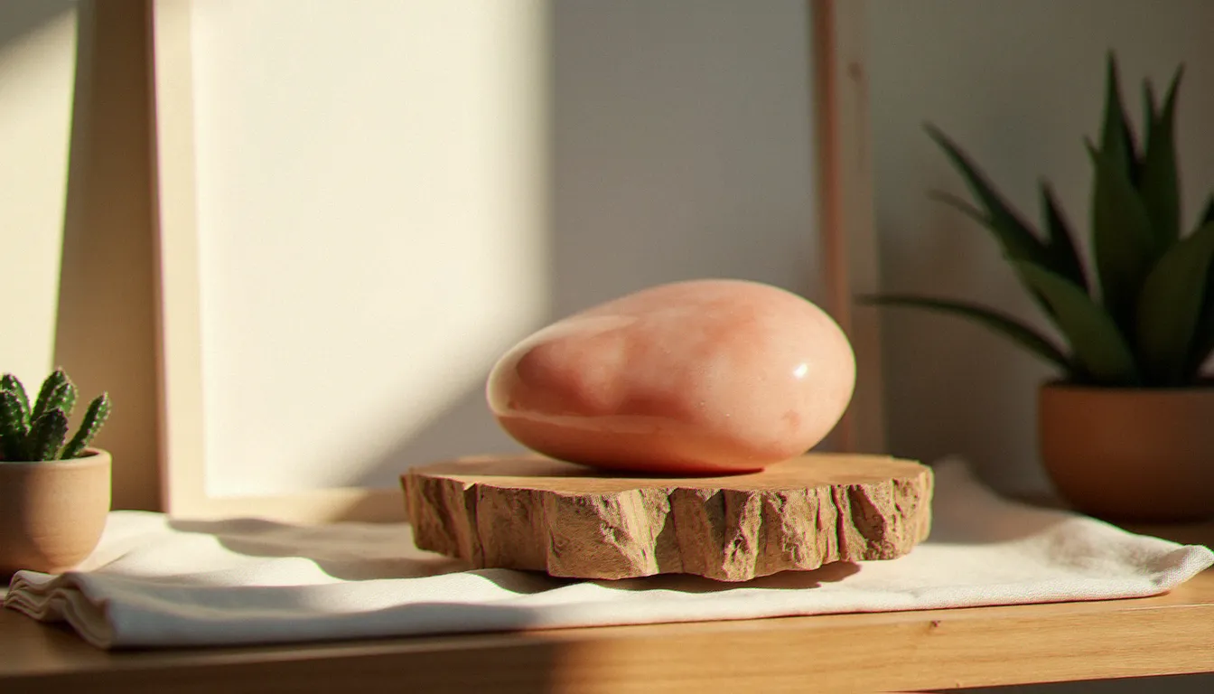 Rose des sables pierre posée sur un socle en bois flotté dans une décoration intérieure minimaliste, lumière naturelle de fin d'après-midi