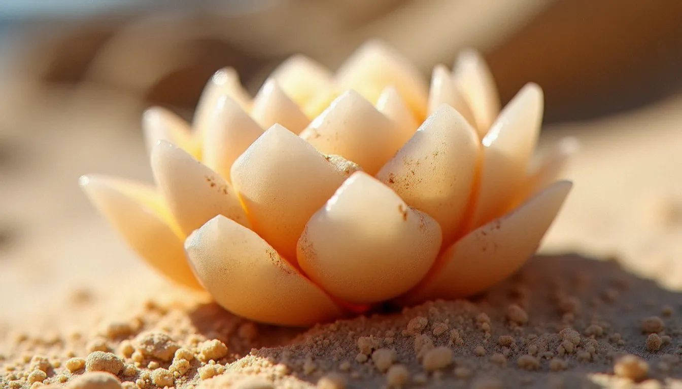 Rose des sables pierre en gypse posée sur du sable fin du désert, mise en lumière latérale révélant la texture cristalline de ses pétales ocres