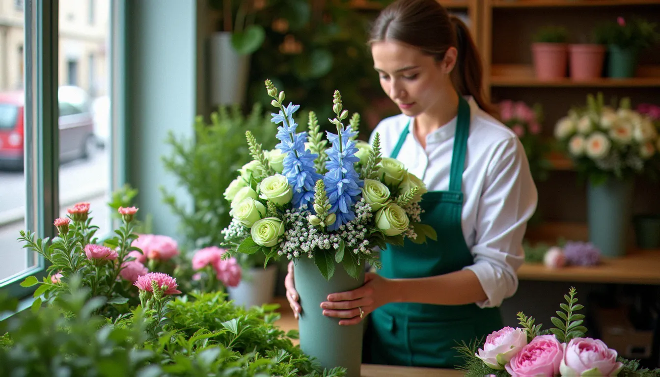 Fleuriste créant une composition florale aux couleurs du beryl pour célébrer les noces de beryl