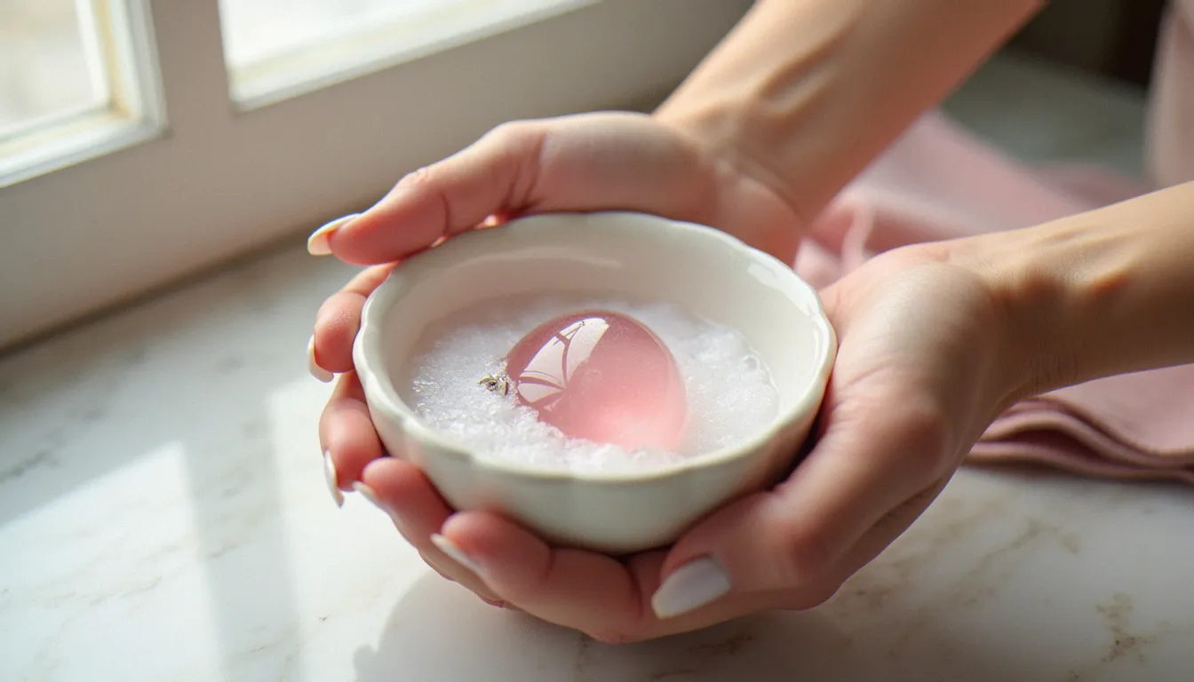 Mains tenant un pendentif quartz rose cabochon dans un bol d'eau tiède pour le nettoyer, avec un chiffon microfibre rose à côté sur un plan en marbre