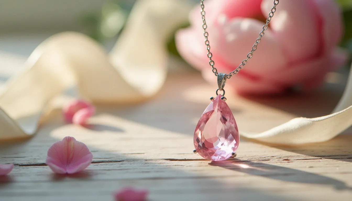 Pendentif quartz rose en forme de goutte sur chaîne en argent, posé sur un ruban en soie ivoire à côté d'une pivoine séchée