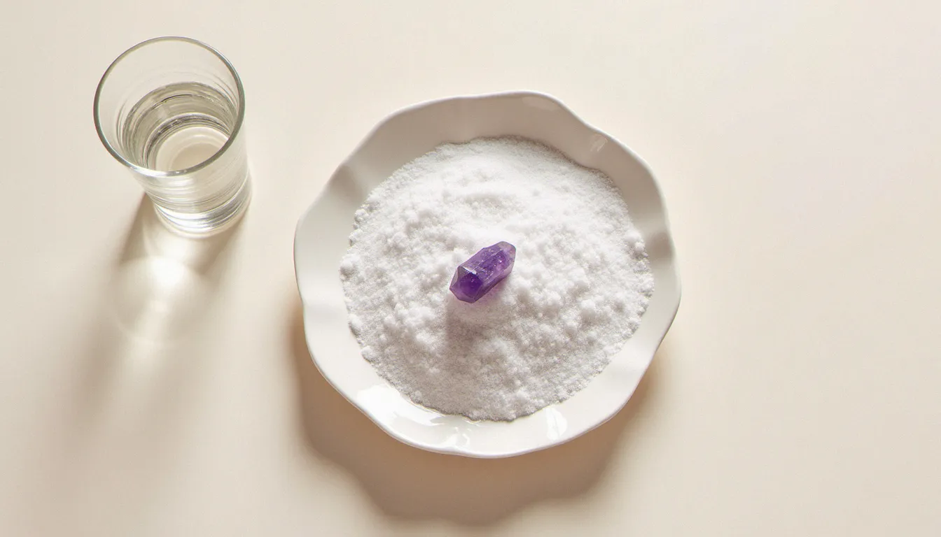 Améthyste partiellement enfouie dans du sable fin sur une assiette en céramique, verre d'eau à proximité, vue de dessus en lumière naturelle diffuse
