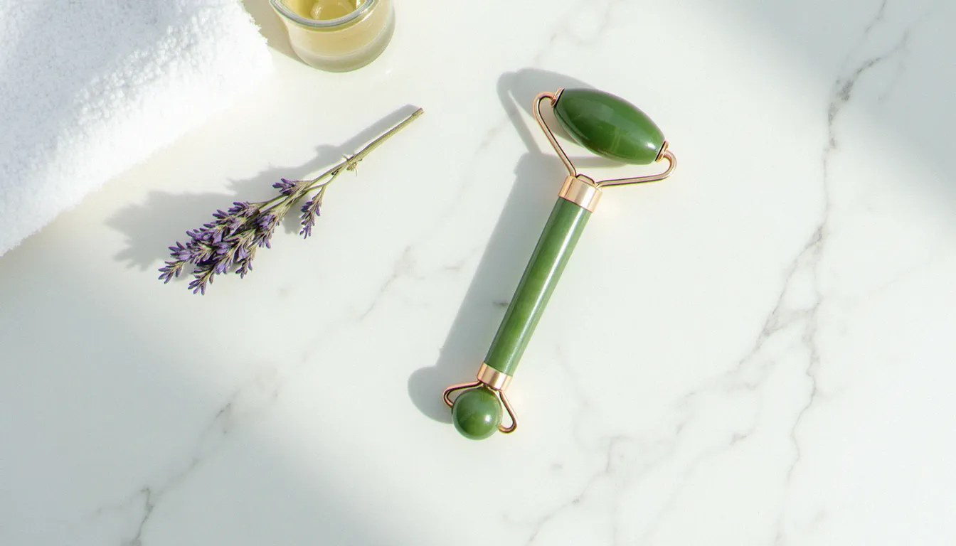 Routine matinale avec un rouleau jade et une ampoule de sérum disposés sur un marbre clair, lumière naturelle diffuse et lavande séchée